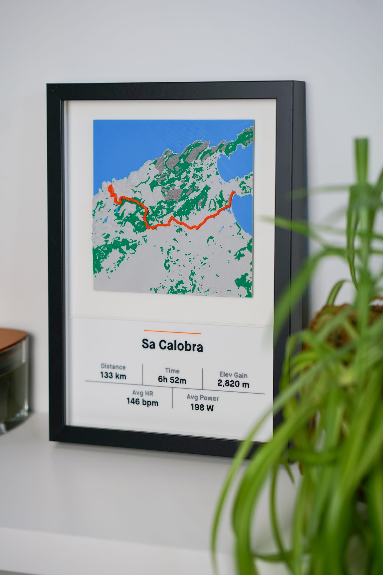Framed Sa Calobra terrain piece angled on a shelf with plant foreground.