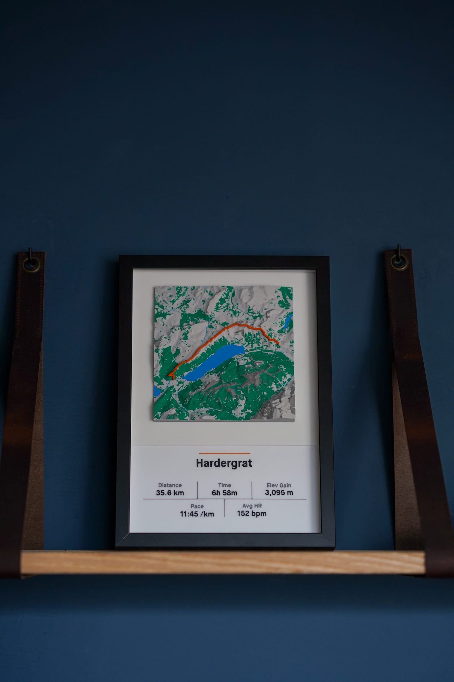 Framed Hardergrat terrain piece displayed centered on a shelf against a deep blue wall.