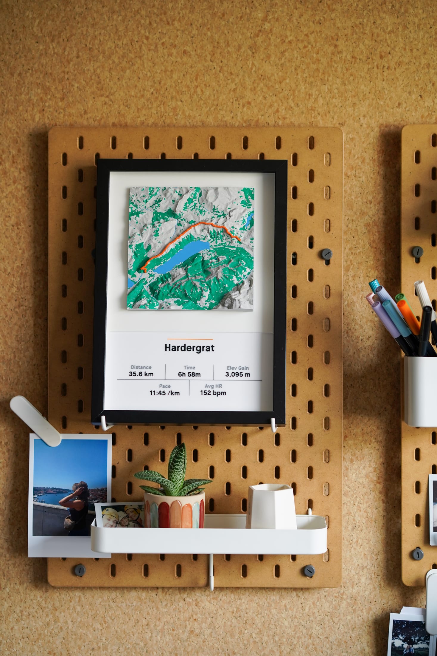 Centered photograph of the Hardergrat piece mounted on a pegboard workspace.
